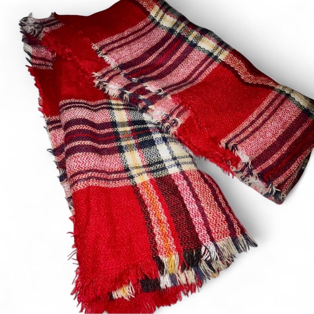 Vintage City Streets Red Plaid Blanket Scarf Festival Morning Wrap w Fringe Trim